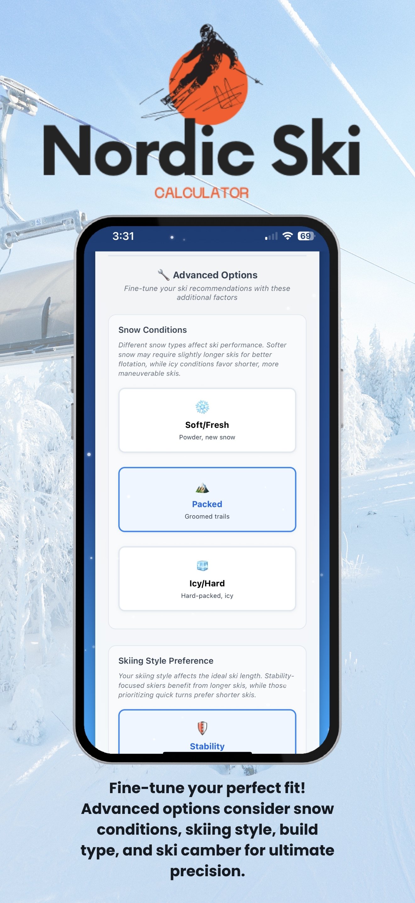 Nordic Ski Calculator - Advanced Options Screen