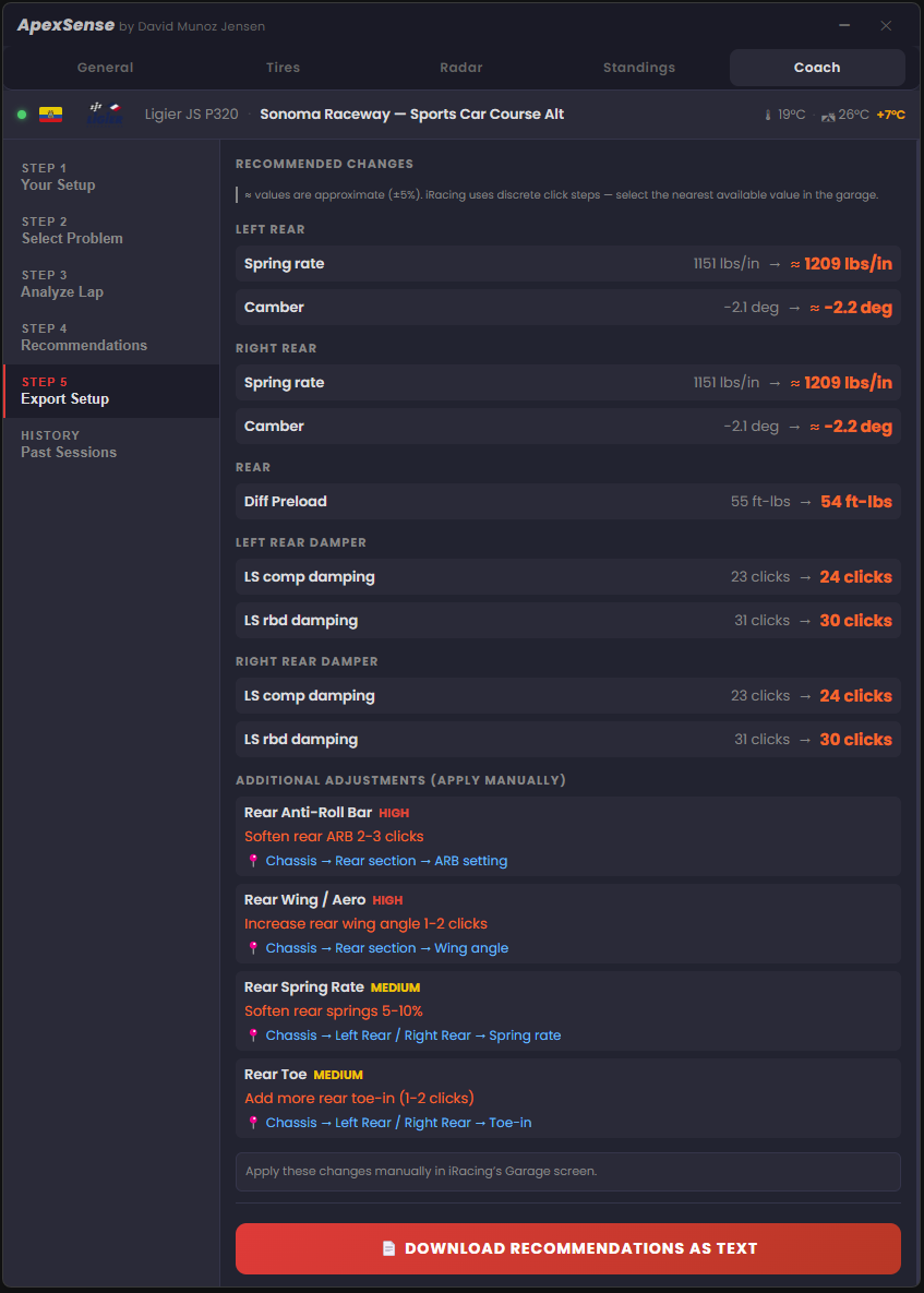 ApexSense Setup Coach - Setup Data