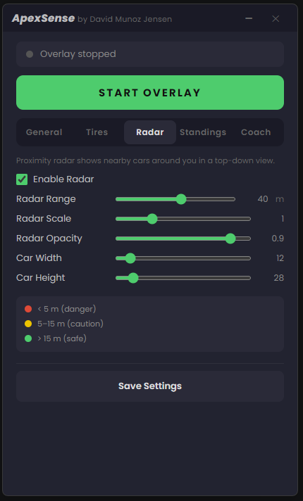 ApexSense Radar Settings