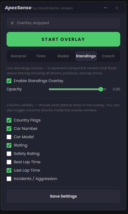 ApexSense Standings Settings